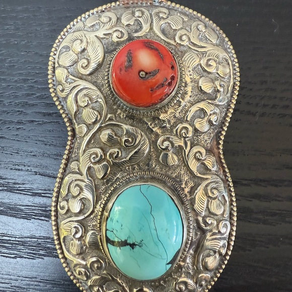Jewelry - Tibetan Silver Pendant with Turquoise and Coral Stones